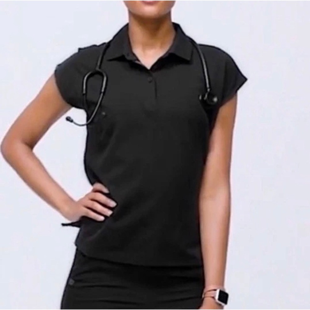 FIGS Ella Technical Pique Scrub Polo Black Pima Cotton Top Size XL